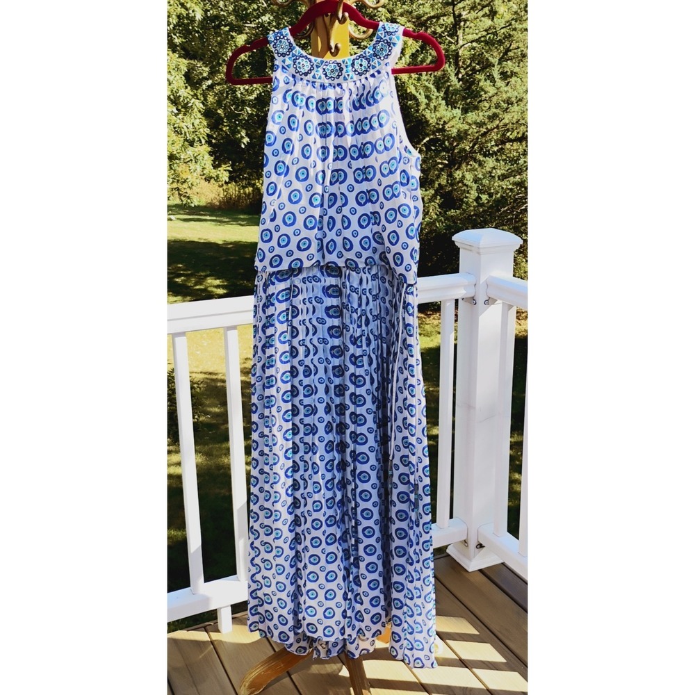 NAZILA COUTURE siz L Blue Evil Eye Maxi Dress Mirror Bead Embroidery Boho India